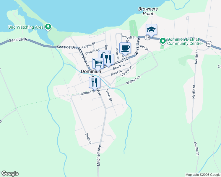 map of restaurants, bars, coffee shops, grocery stores, and more near 31 Henry Street in Dominion