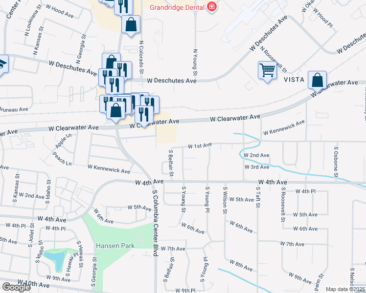 map of restaurants, bars, coffee shops, grocery stores, and more near 7198 West 1st Avenue in Kennewick