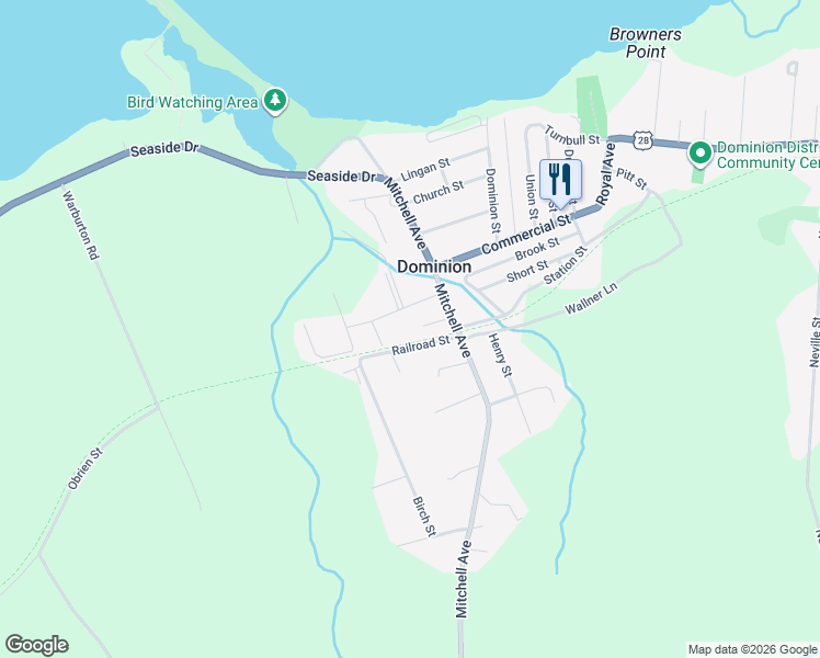 map of restaurants, bars, coffee shops, grocery stores, and more near Mccuish Street in Dominion