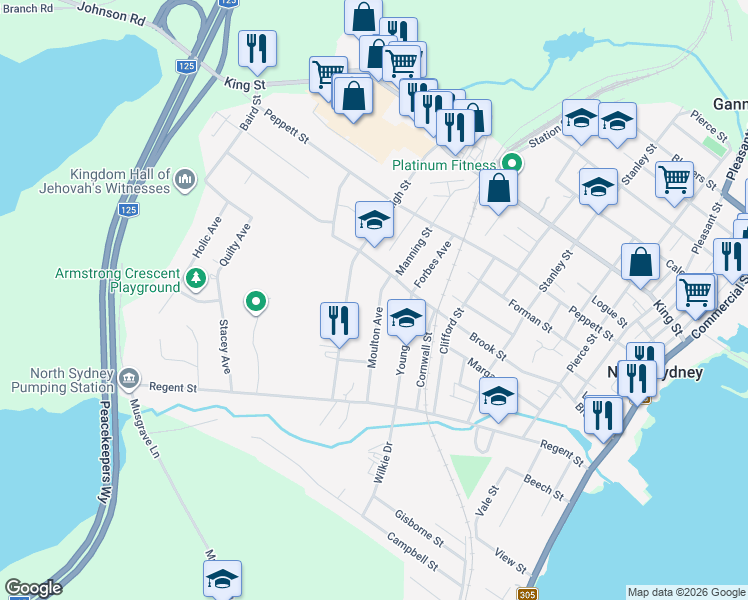 map of restaurants, bars, coffee shops, grocery stores, and more near 39 Moulton Avenue in North Sydney