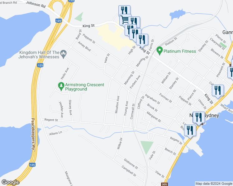map of restaurants, bars, coffee shops, grocery stores, and more near 34 Moulton Avenue in North Sydney