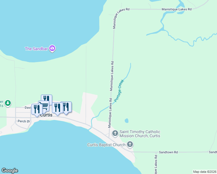 map of restaurants, bars, coffee shops, grocery stores, and more near Manistique Lakes Road in Curtis