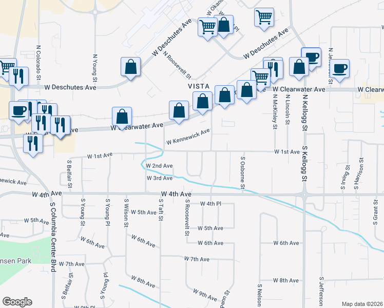 map of restaurants, bars, coffee shops, grocery stores, and more near 6818 West 1st Avenue in Kennewick
