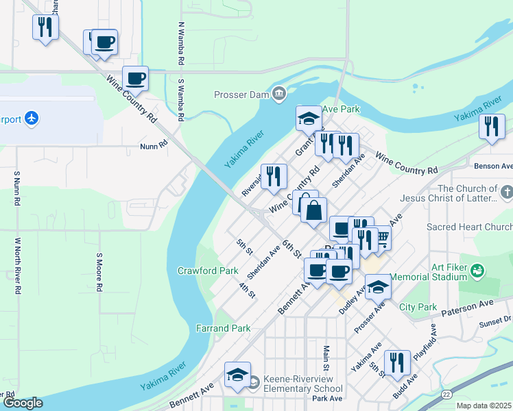map of restaurants, bars, coffee shops, grocery stores, and more near 1206 Wine Country Road in Prosser