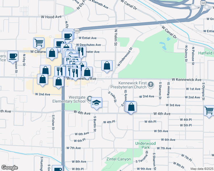 map of restaurants, bars, coffee shops, grocery stores, and more near 22 South Yelm Street in Kennewick