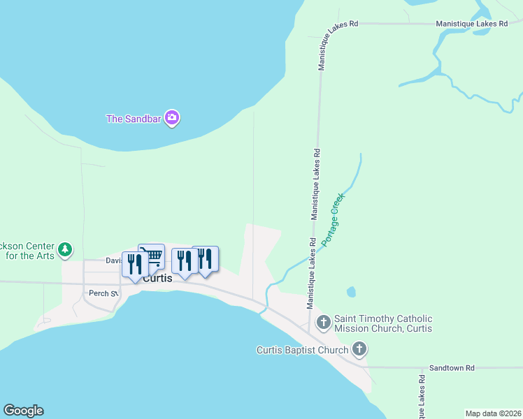 map of restaurants, bars, coffee shops, grocery stores, and more near N9309 Strawe Road in Curtis