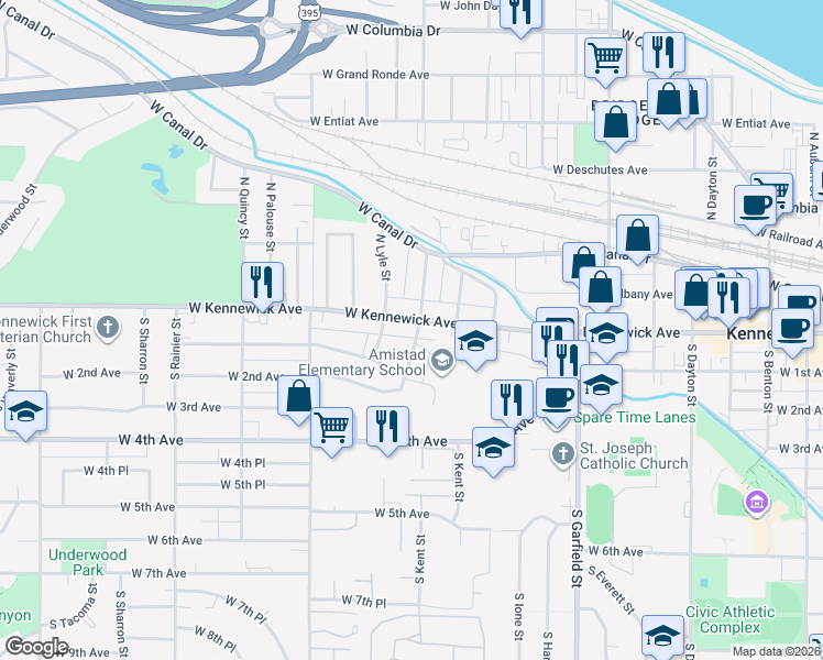 map of restaurants, bars, coffee shops, grocery stores, and more near 1103 West Kennewick Avenue in Kennewick