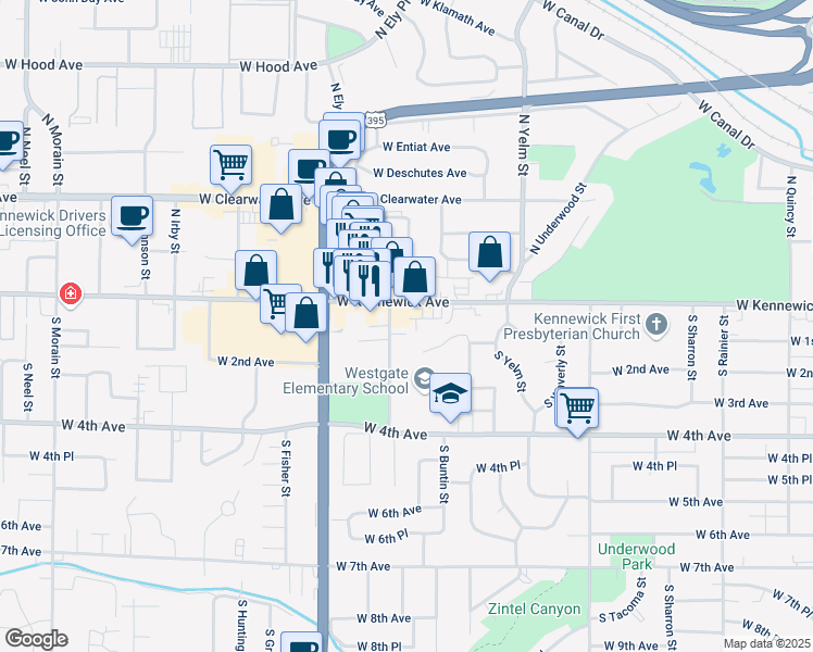 map of restaurants, bars, coffee shops, grocery stores, and more near 2602 W 1st Ave in Kennewick