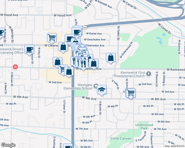 map of restaurants, bars, coffee shops, grocery stores, and more near 2602 West 1st Avenue in Kennewick
