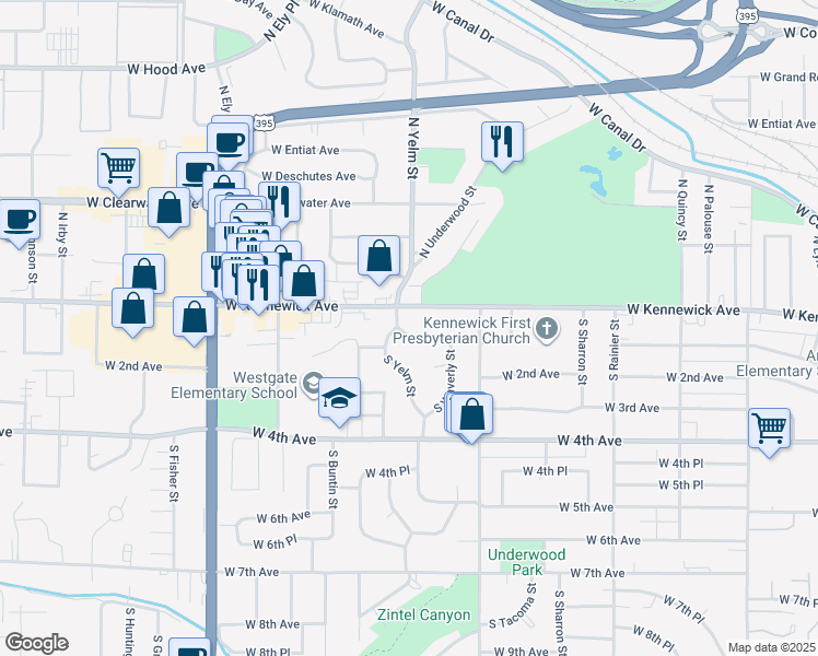 map of restaurants, bars, coffee shops, grocery stores, and more near 2310 West 1st Avenue in Kennewick