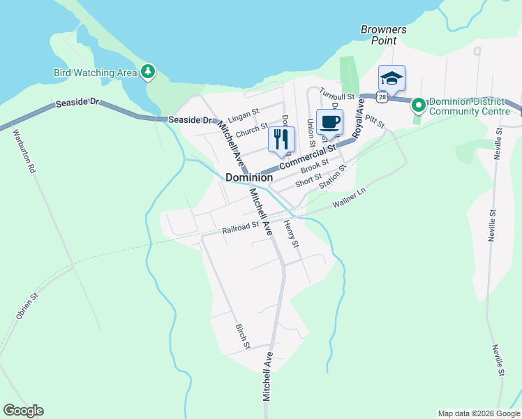 map of restaurants, bars, coffee shops, grocery stores, and more near Mccuish Street in Dominion
