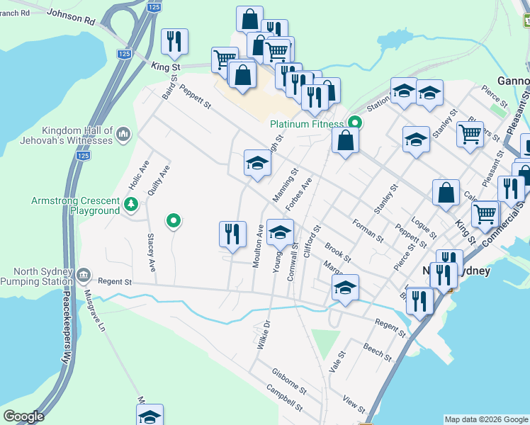 map of restaurants, bars, coffee shops, grocery stores, and more near 39 Moulton Avenue in North Sydney