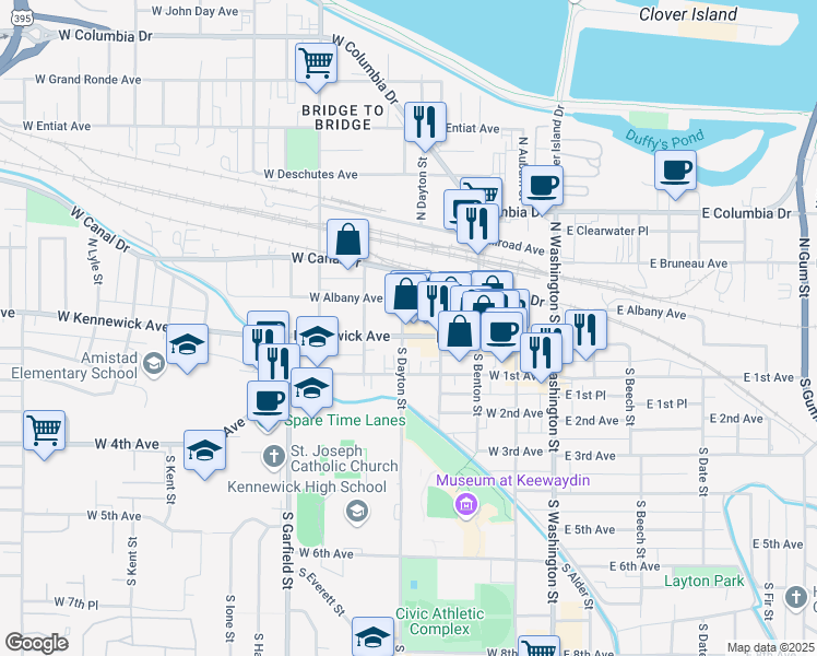 map of restaurants, bars, coffee shops, grocery stores, and more near 318 West Kennewick Avenue in Kennewick