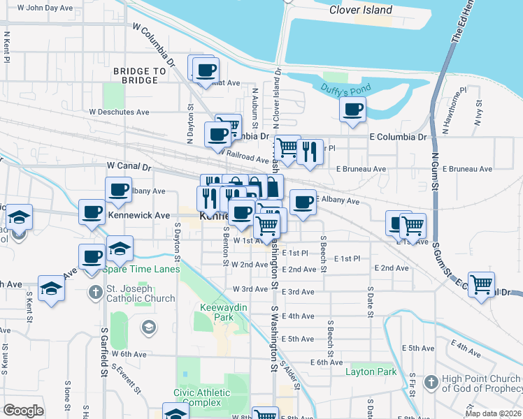 map of restaurants, bars, coffee shops, grocery stores, and more near 12 West Kennewick Avenue in Kennewick