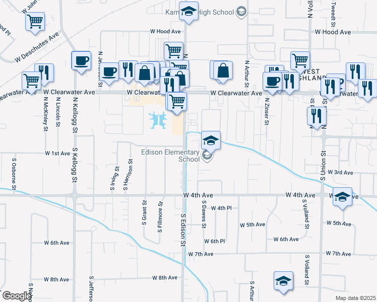 map of restaurants, bars, coffee shops, grocery stores, and more near 101 S Edison St in Kennewick