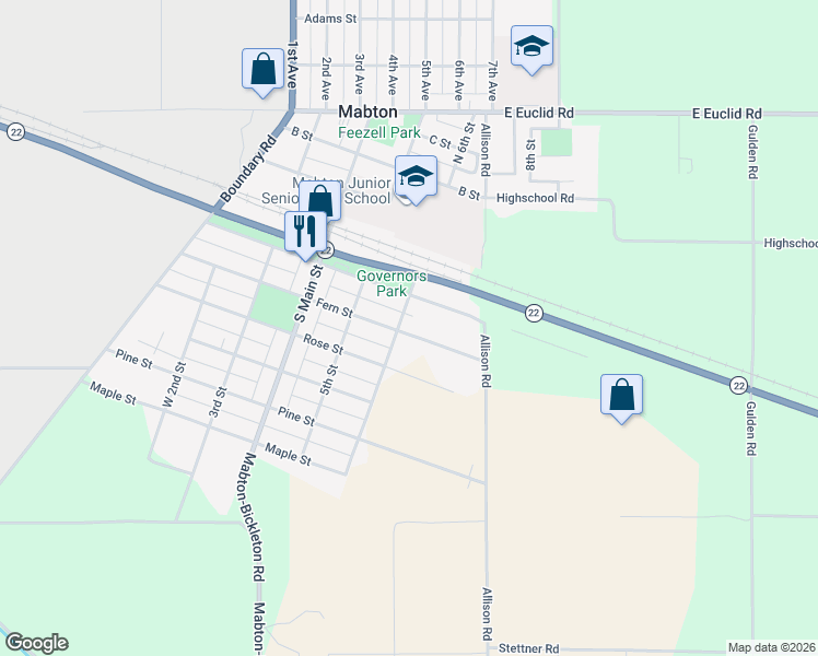 map of restaurants, bars, coffee shops, grocery stores, and more near 605 Fern Street in Mabton
