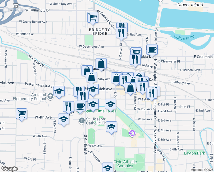 map of restaurants, bars, coffee shops, grocery stores, and more near 422 West Kennewick Avenue in Kennewick