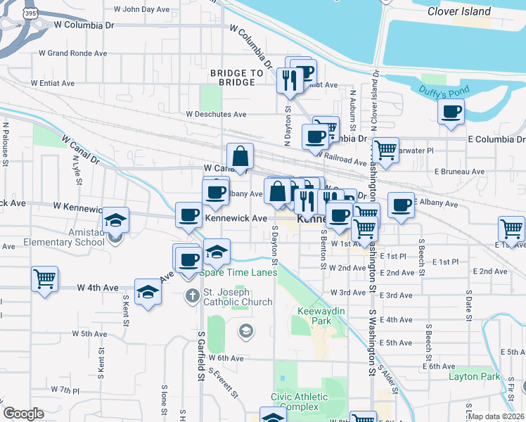 map of restaurants, bars, coffee shops, grocery stores, and more near 422 West Kennewick Avenue in Kennewick