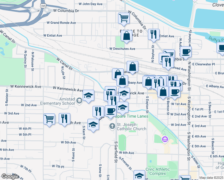 map of restaurants, bars, coffee shops, grocery stores, and more near 722 West Kennewick Avenue in Kennewick