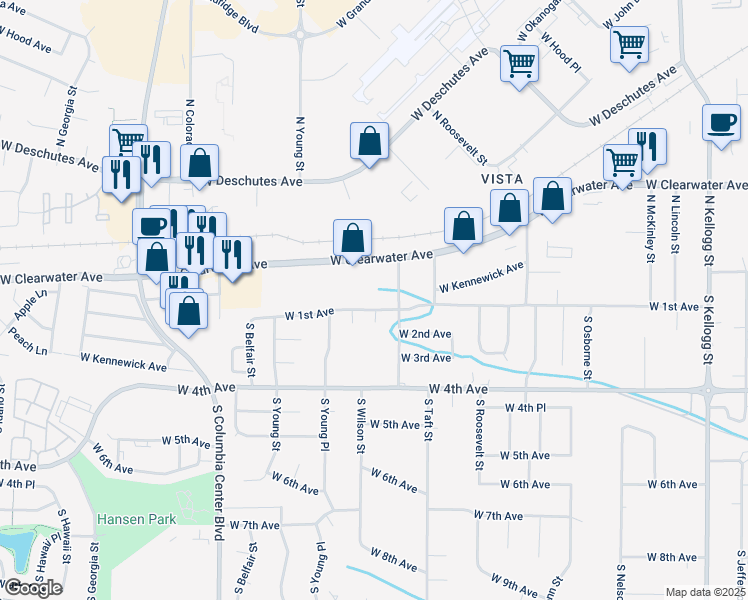 map of restaurants, bars, coffee shops, grocery stores, and more near 7024 West 1st Avenue in Kennewick