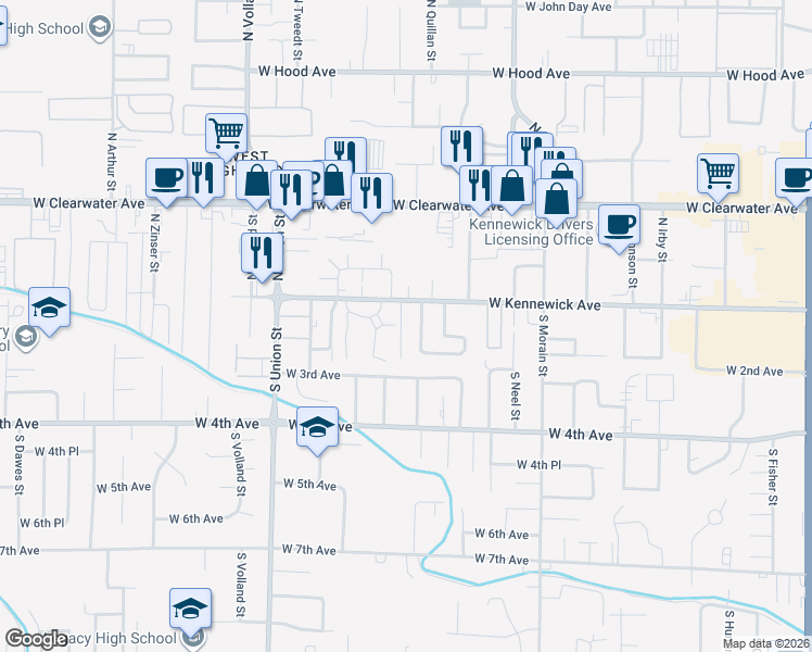 map of restaurants, bars, coffee shops, grocery stores, and more near 4105 1/2 West Kennewick Avenue in Kennewick