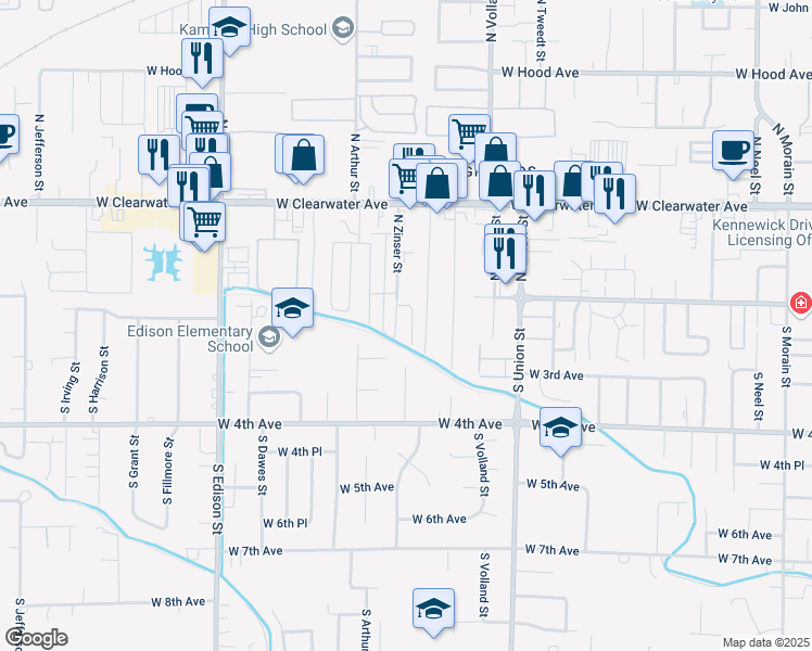 map of restaurants, bars, coffee shops, grocery stores, and more near A Street in Kennewick