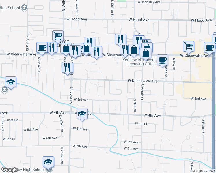 map of restaurants, bars, coffee shops, grocery stores, and more near 4105 1/2 West Kennewick Avenue in Kennewick