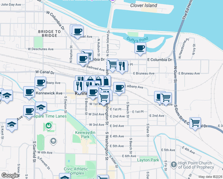 map of restaurants, bars, coffee shops, grocery stores, and more near 10 North Washington Street in Kennewick