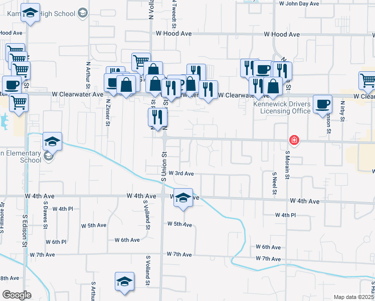 map of restaurants, bars, coffee shops, grocery stores, and more near 116 South Tweedt Place in Kennewick