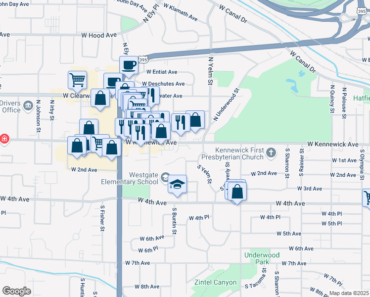 map of restaurants, bars, coffee shops, grocery stores, and more near 22 South Yelm Street in Kennewick