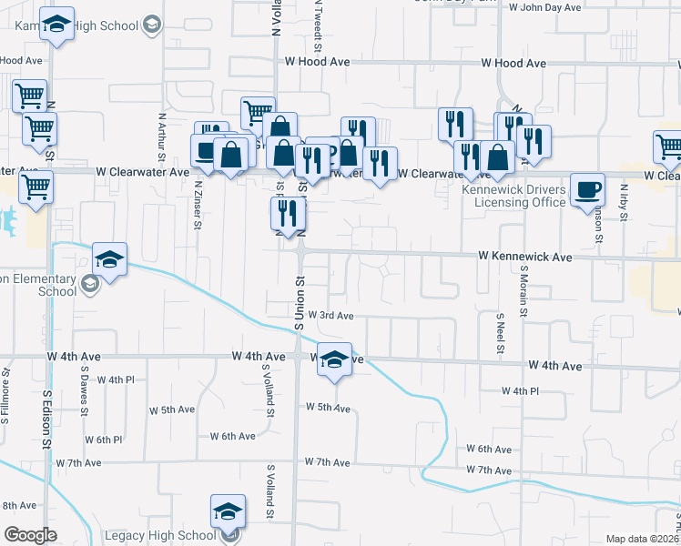 map of restaurants, bars, coffee shops, grocery stores, and more near 116 South Tweedt Place in Kennewick