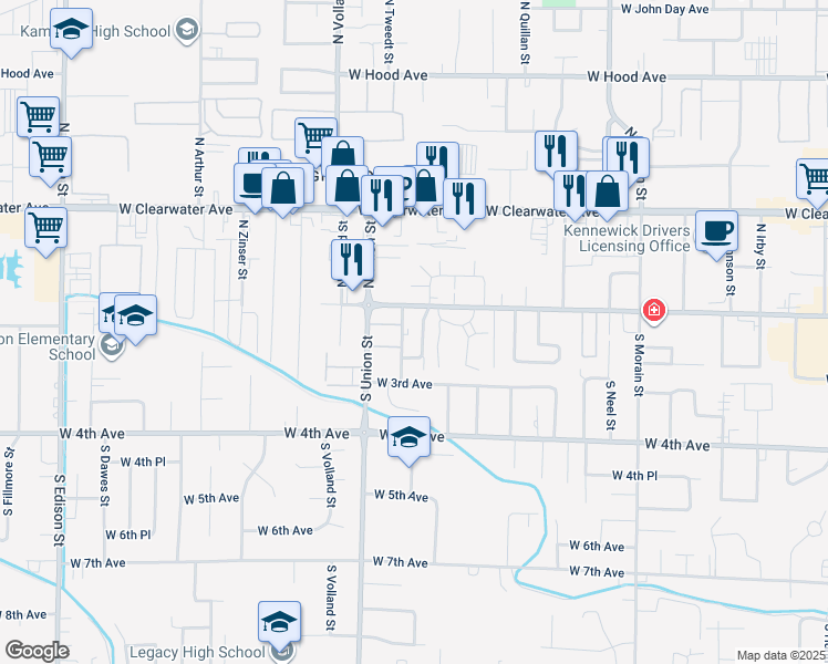 map of restaurants, bars, coffee shops, grocery stores, and more near 116 South Tweedt Place in Kennewick