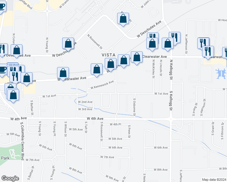 map of restaurants, bars, coffee shops, grocery stores, and more near 32 South Quay Street in Kennewick