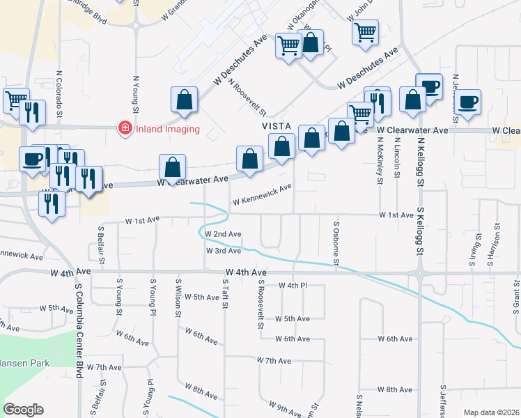 map of restaurants, bars, coffee shops, grocery stores, and more near 6818 West 1st Avenue in Kennewick