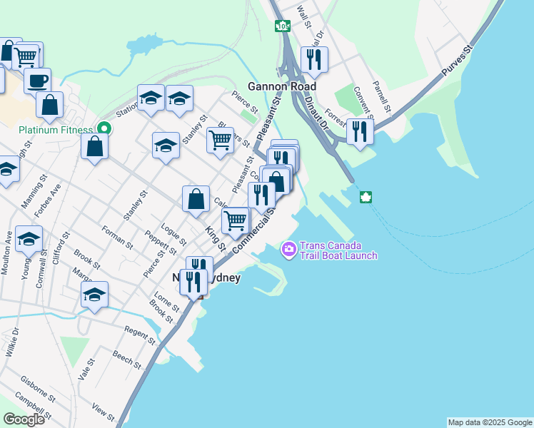 map of restaurants, bars, coffee shops, grocery stores, and more near Commercial Street in North Sydney