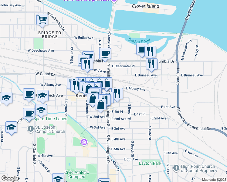 map of restaurants, bars, coffee shops, grocery stores, and more near 10 North Washington Street in Kennewick