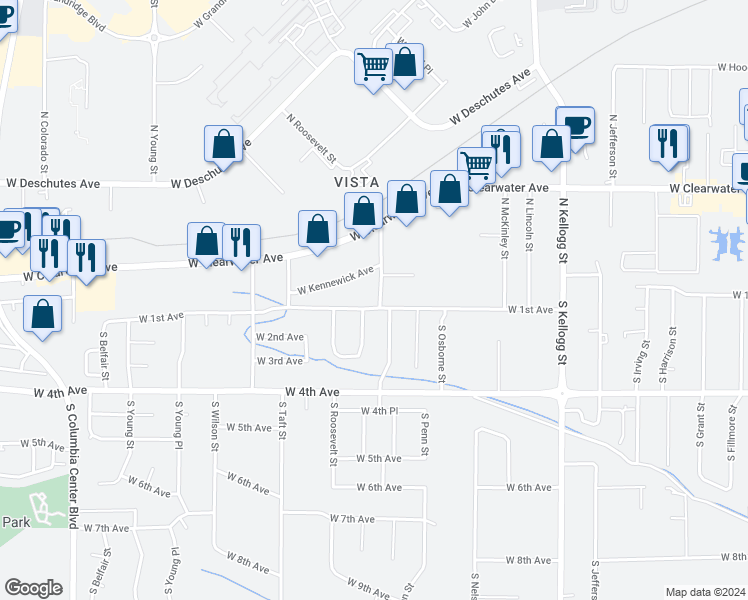 map of restaurants, bars, coffee shops, grocery stores, and more near 32 South Quay Street in Kennewick