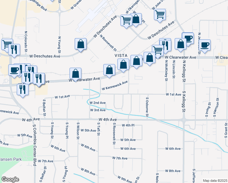 map of restaurants, bars, coffee shops, grocery stores, and more near 6818 West 1st Avenue in Kennewick