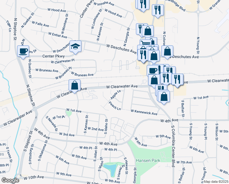 map of restaurants, bars, coffee shops, grocery stores, and more near 171 Apple Lane in Kennewick