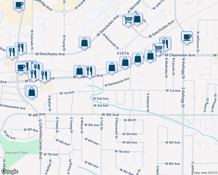 map of restaurants, bars, coffee shops, grocery stores, and more near 6824 West 1st Avenue in Kennewick