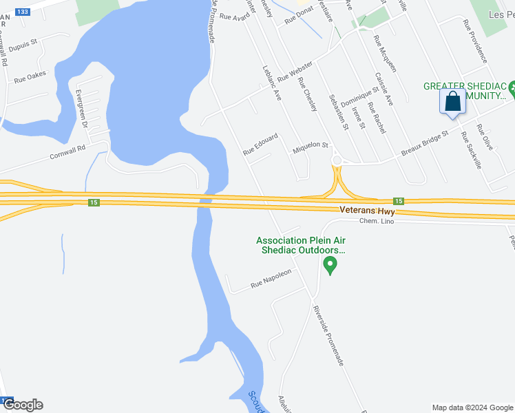 map of restaurants, bars, coffee shops, grocery stores, and more near Veterans Highway in Shediac
