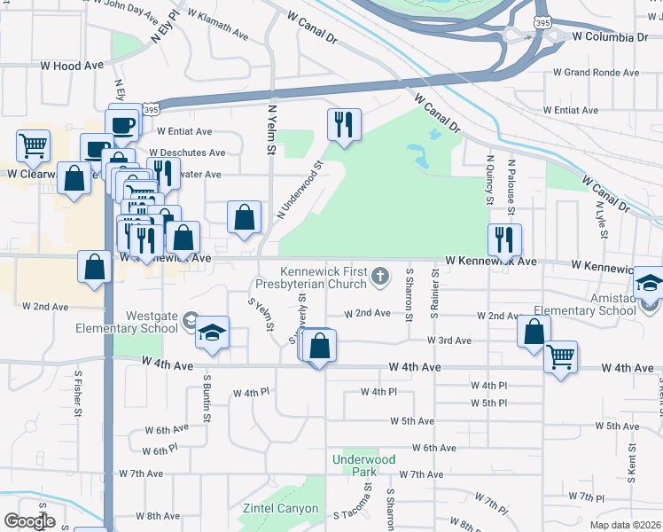 map of restaurants, bars, coffee shops, grocery stores, and more near 2029 West Kennewick Avenue in Kennewick