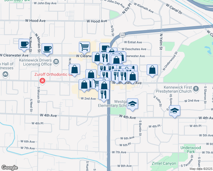 map of restaurants, bars, coffee shops, grocery stores, and more near 2801 West Kennewick Avenue in Kennewick