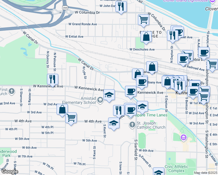 map of restaurants, bars, coffee shops, grocery stores, and more near in Kennewick