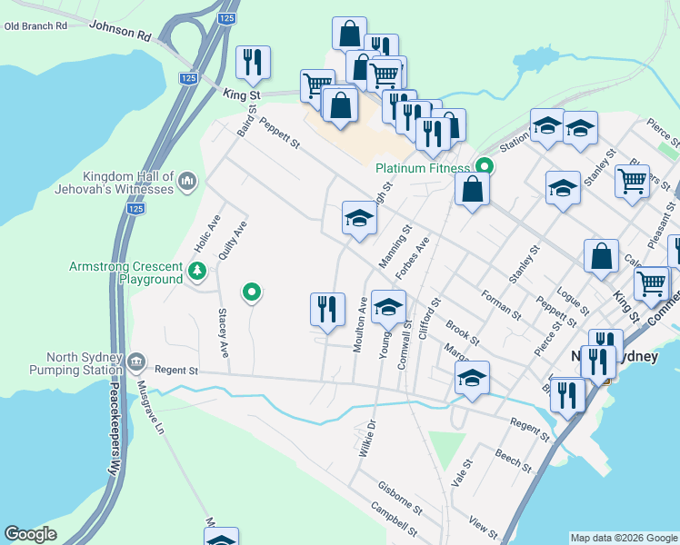 map of restaurants, bars, coffee shops, grocery stores, and more near 39 High Street in North Sydney