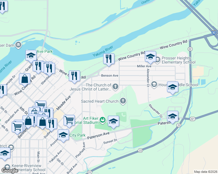 map of restaurants, bars, coffee shops, grocery stores, and more near 1825 Highland Drive in Prosser