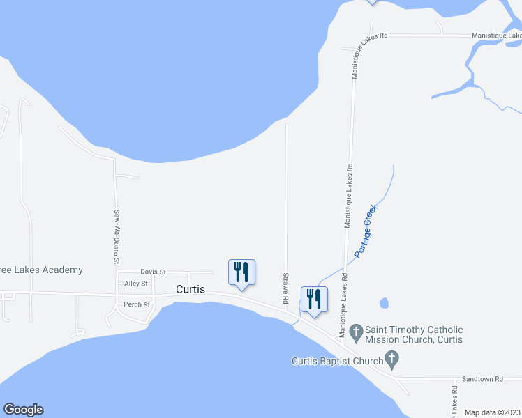 map of restaurants, bars, coffee shops, grocery stores, and more near N9308 Strawe Road in Curtis