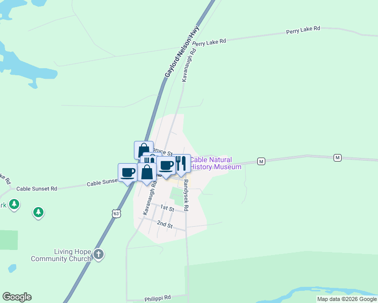 map of restaurants, bars, coffee shops, grocery stores, and more near 13520 Spruce Street in Cable