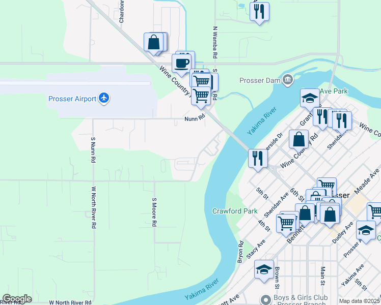 map of restaurants, bars, coffee shops, grocery stores, and more near 480 North River Road in Prosser