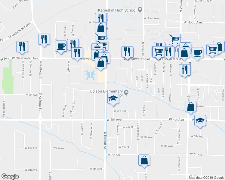 map of restaurants, bars, coffee shops, grocery stores, and more near 101 South Edison Street in Kennewick